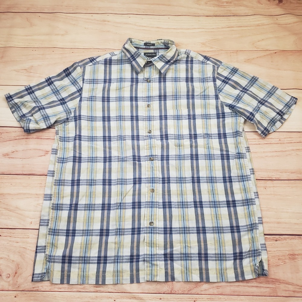 St Johns Bay Shirt Mens Large Blue White Yellow Plaid Madras Short Sleeve Button